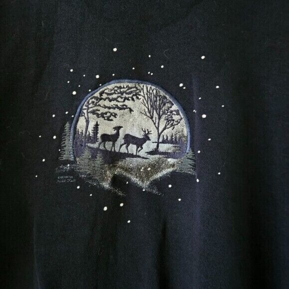 Artisans Top Womens L Navy USA Made XMas Embroidery Print Turtleneck LS FLAW VTG - Picture 11 of 15
